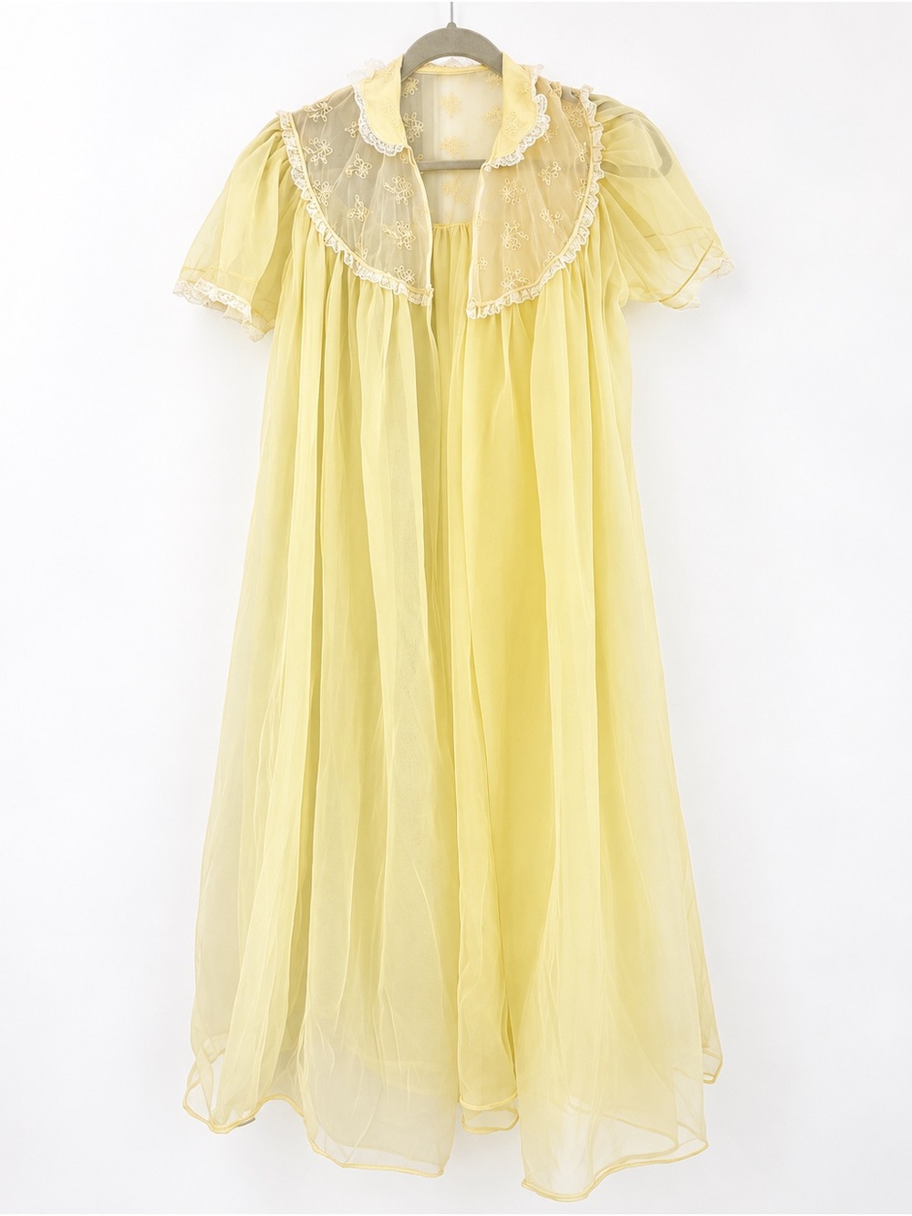 Vintage Barbara Lee Nightgown M Yellow Sheer Nylon Lace Puff Sleeve 60s 70s